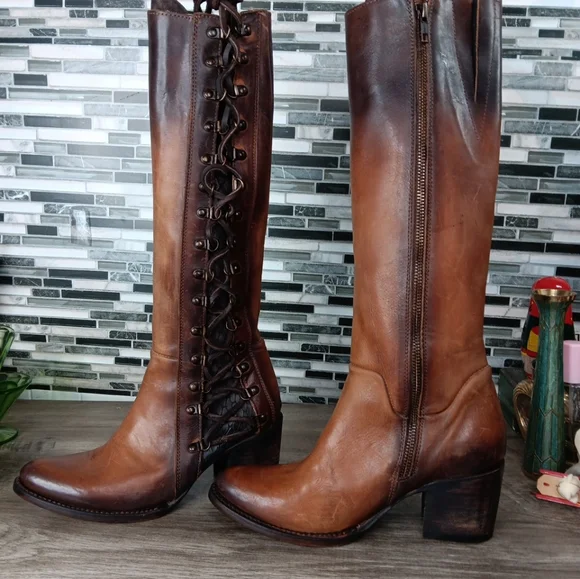 Freebird Wyatt 8M Cognac Brown Leather Knee-High Lace Up Granny Boots Rare New - Picture 9 of 16